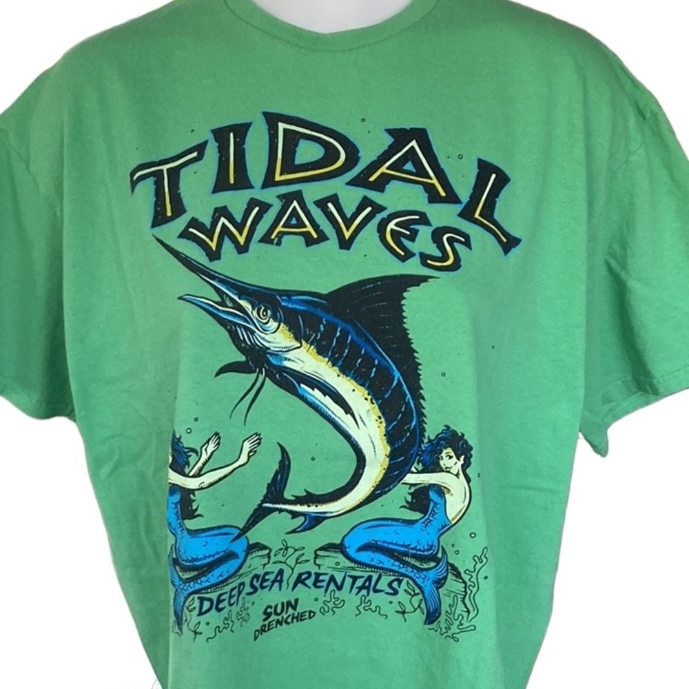 Sun drenched graphic t shirt ride waves swordfish mermaids deep sea XL